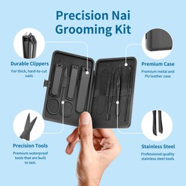 OFIDUS Precision 8 Pieces Men’s Nail Grooming Travel Kit, Stainless Steel Manicure Set with Fingernail & Toenail Clippers, Nail File, Slant Tip Tweezers, Cuticle Scissors, Cuticle Pusher, Travel Case