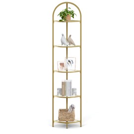 VASAGLE 5-Tier Corner Shelf Stand, Corner Bookshelf, Bathroom Organizer, Plant Stand, Tempered Glass, Steel Frame, Modern Style, for Living Room, Bathroom, Kitchen, Metallic Gold ULGT810A01