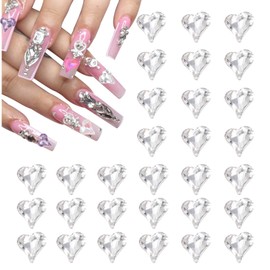 MECCANIXITY 50 Pcs 3D Heart Nail Charm Crystals Nail Gems 8x9mm Crooked Heart-Shape Art Rhinestone Charm for Valentine's Day DIY Decoration, Transparent