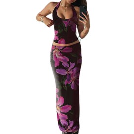 ksotutm Two Piece Sets for Women Maxi Skirt Set Printed Halter Top and Maxi Skirt Going Out Outfits, Black, Medium