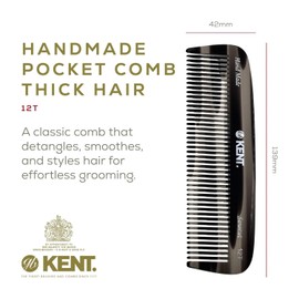 Kent 12T Black Graphite Pocket Comb - Handmade Wide Tooth Hair Comb for Men, Women, and Kids - Travel, Beard, and Mustache Comb - Saw Cut and Hand Polished Made in England