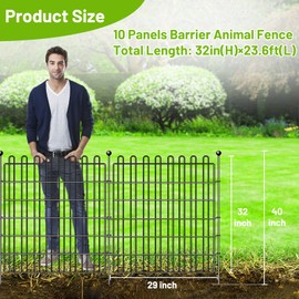 10 Panels No Dig Dog Fence Outdoor with Gate for Yard, 32in (H) X 23.6ft (L) Decorative Garden Fence Animal Barrier, Rustproof Metal Garden Edging Fence Stakes and Borders, Portable Outside Playpen