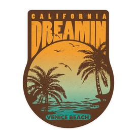 Lantern Press Sticker Venice Beach, California, California Dreamin', Sunset and Palm Trees, Die Cut Vinyl, (Waterproof Decal for Cars, Water Bottles, Laptops, Coolers), Small