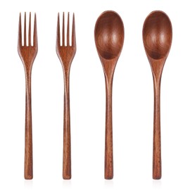 4 PCS Wooden Forks and Spoons for Eating, Wooden Utensil Set for Eating, Reusable Kitchen Wood Cutlery Wood Flatware Tableware Set for Stirring Cooking