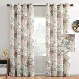 MYSKY HOME Floral Curtains 90 Inch Long Linen Style Semi Sheer Living Room Curtains Light Filtering Drapes Flower Printing Window Treatment Grommet 2 Panels,Brown and Natural