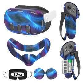 Tyasoleil VR Silicone Case for Meta Quest 3, Design Upgraded Accessories for Oculus Quest 3, Face Cover, Controller Grips, Shell Cover, Lens Cover, Disposable Eye Cover (Aurora Blue)