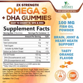 Omega 3 Fish Oil Gummies, Heart Healthy Omega 3 Gummy Supplement with High Absorption DHA & EPA, Extra Strength Joint & Brain Support, Delicious Orange Flavor Fish Oil Nature's Vitamin - 60 Gummies