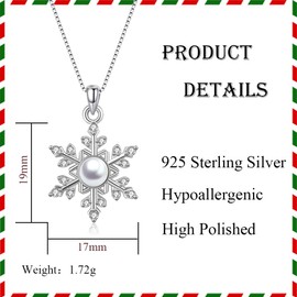 Deyanse Silver Christmas Necklace for Women, 925 Sterling Silver Snowflake Pendant Necklace with White Pearl Zirconia, Hypoallergenic 45+5cm Silver Xmas Long Chain, Gift for Ladies Wife Girls Mother