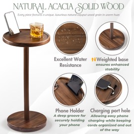 BLUEWEST Pedestal Side Table, 10.6''x24'' Acacia Weighted Base Drink Table, Small Round Side Table for Small Spaces with Phone Holder and Charging Port Hole, Martini and Cocktail Pedestal End Table