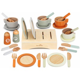 Wooden Play Dishes and Plates for Kids Kitchen Set, 27 PCS Wooden Play Kitchen Accessories, Kitchen Toy for Toddlers 2-4 Years Girls and Boys