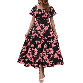 Lyrur Floral Dresses for Women 2024 Square Neck Flutter Sleeve Tie Back Smocked Maxi Dress for Tea Party(XL,7016-Black Pink Floral)