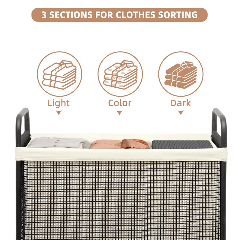 STORAGE MANIAC Rolling Laundry Hamper with Wheels 3-Section Laundry Sorter