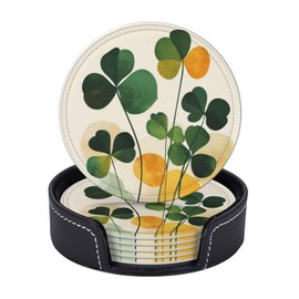 AKMCBSH Set of 6 St. Patricks Day Coaster - Stylish and Durable Non-Slip Drink PU Round Shamrocks Clover Coasters for Home Table Kitchen Office or Bar Decor (030)