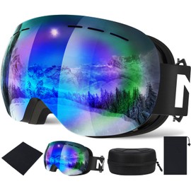 Mixiu Ski Goggles, Spherical Lens, Flameless Snow Goggles, Wide Angle View, UV 400 Protection, Blocks 99% of UV Rays, Anti-Fog, Can Wear Glasses, Helmet Compatible, Anti-Slip Belt, Cleaning Cloth Included, Storage Bag, Storage Case, Unisex