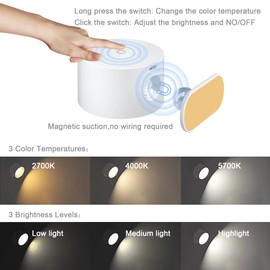 ONSTUY LED Wall Lamp,Wireless Wall Light with Rechargeable Battery Operated 3 Color Temperatures Dimmable Magnetic 360° Rotation Wall Sconce for Bedroom Bedside Reading-White