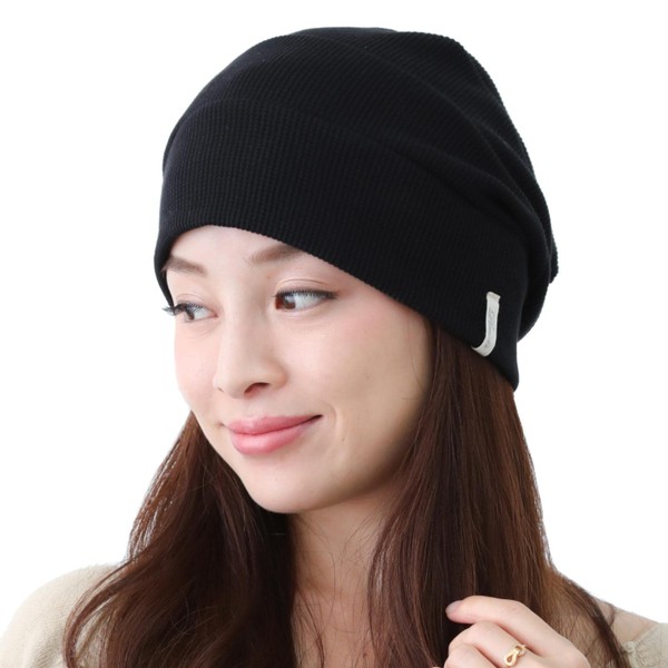 Medical Hat, Plaisir Wig, Medical Hat, Anti-Cancer Chemicals, Knit, Stylish, Organic Cotton, Tiered Watch (Black)