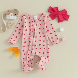 YINGISFITM Baby Girl Valentines Day Outfit Love Ruffle Waffle Footie Romper Jumpsuit My First Valentines Day Onesie Clothes (Pink ruffle onesie, 3-6 Months)