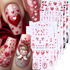 6 Sheets Valentines Nail Stickers 3D Self Adhesive Rose Nail Art Stickers Pink Red Heart Nail Decals Angel Nail Design Stickers Valentine's Day Nail Art Supplies for Women Girl Manicure Decor