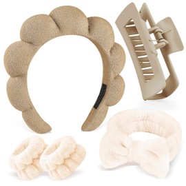 Zkptops 5Pcs Spa Headband for Washing Face Wristband Set Sponge Makeup Skincare Terry Cloth Bubble Soft Hairband Claw Clips for Thick Hair Puffy Padded Headwear Non Slip Hair Accessory (Brown)