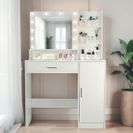 Howhio Vanity Desk with Mirror and Lights, Makeup Vanity with Drawer & Storage Cabinet, 3 Lighting Modes Adjustable Brightness, Makeup Desk with Open Shelves for Bedroom, Dressing Room, White