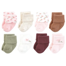 Hudson Baby Baby Infant Girl Cotton Rich Newborn and Terry Socks, Pink Dainty Floral, 6-12 Months
