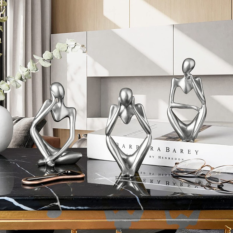 Silver Sculpture 3 Pcs Thinker Statue Set Abstract Sculptures Home