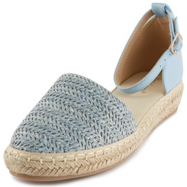 Alexis Leroy Sandalias de alpargatas con plataforma y correa al tobillo con puntera cerrada para mujer, Azul / Patchwork, 10