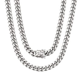 WinTrend Cuban Link Chain Necklace or Bracelet with Design Box Clasp for Men Boys 6MM/8MM/10MM/12MM/15MM/18MM Silver Color Stainless Steel Hip Hop Miami Curb Chains 7.5-30 inch, nothing