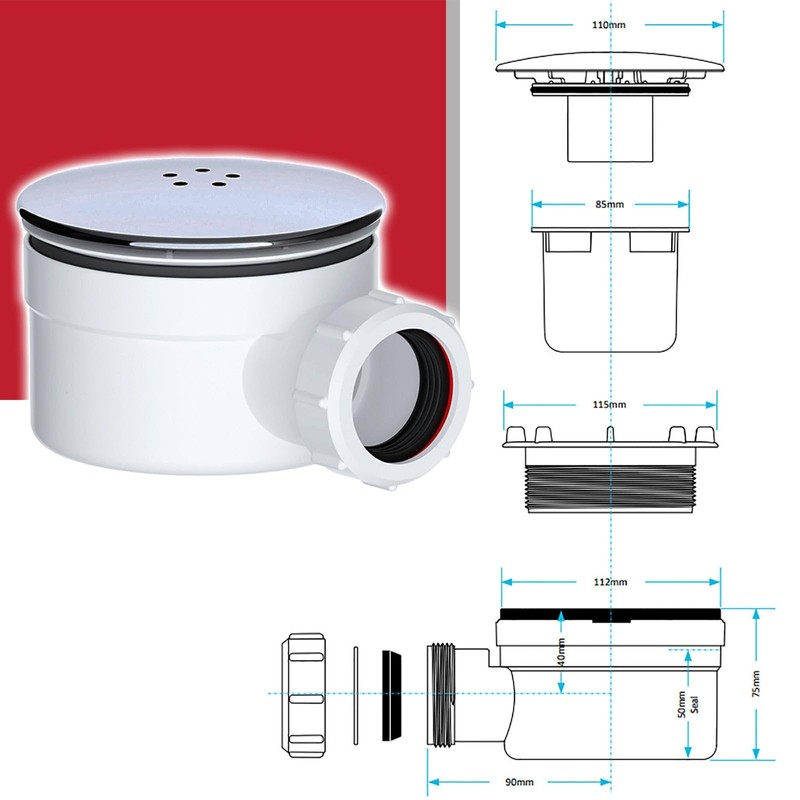 SPARES2GO Shower Trap for 90mm Tray Plug Hole 1.5" Luxury