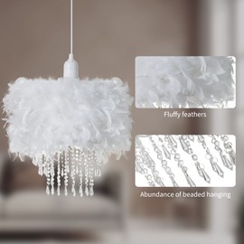 Waneway Feather Chandelier Shade, White Beaded Ceiling Light Shade, Sparkling Pendant Lampshade for Bedroom, Living Room or Party Decoration, White