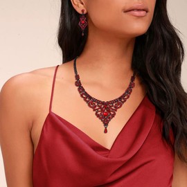 EVER FAITH Stunning Crystal Double Leaf Wedding Chandelier Jewelry Set Costume Party Vase Necklace Pierced Earrings Stretch Bracelet Set For Women Red Black-Tone