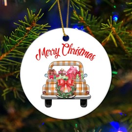 2022 Christmas Tree Ornament Merry Christmas and Happy New Year Ceramic Bauble Green Truck Decorative Hanging Keepsake Xmas Tree Decor Holiday Stocking Stuffer 3-Inch Gift Tag