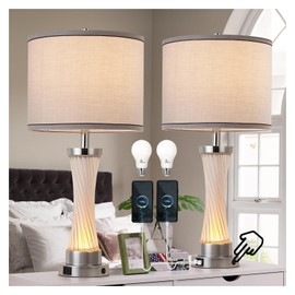 bdayanx 3-Way Dimmable Table Lamp Set of 2,Touch Control Lamp with Night Light,Modern Crystal Table Lamps for Bedroom,Living Room，Bedside Lamps with USB A+C Ports，Fabric Lampshade(Blubs Included)