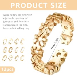 KEQAR 12pcs Toe Rings for Women, Anklet and Toe Ring Set, Adjustable Anklet Jewellery, 925 Silver Toe Rings for Women, Gold Toe Rings (Gold)
