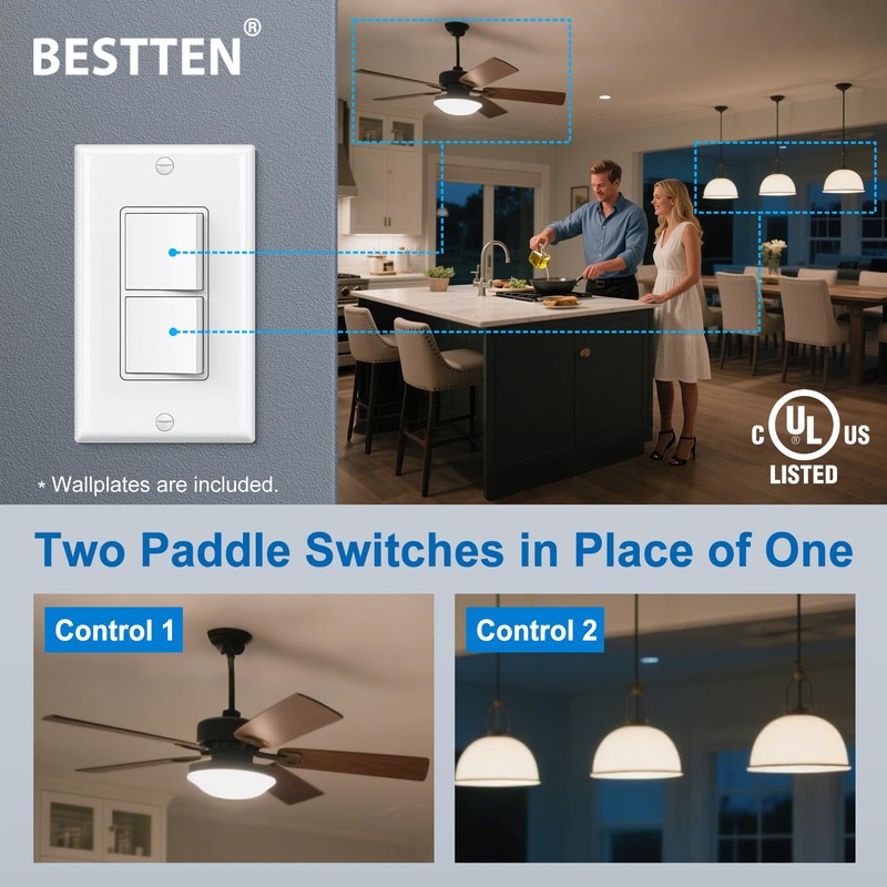 BESTTEN 2 Pack Double Rocker Light Switch, Single Pole Combination
