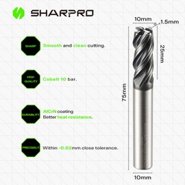 SHARPRO 10mm Shank Carbide Corner Radius End Mill Bit 10mm Cutting Dia.（R1.5mm） 4 Flutes AlCrN Coated Metric CNC Mill Bit for Metal - Alloy Steel, Stainless Steel, Cast Iron and Aluminum Cutting
