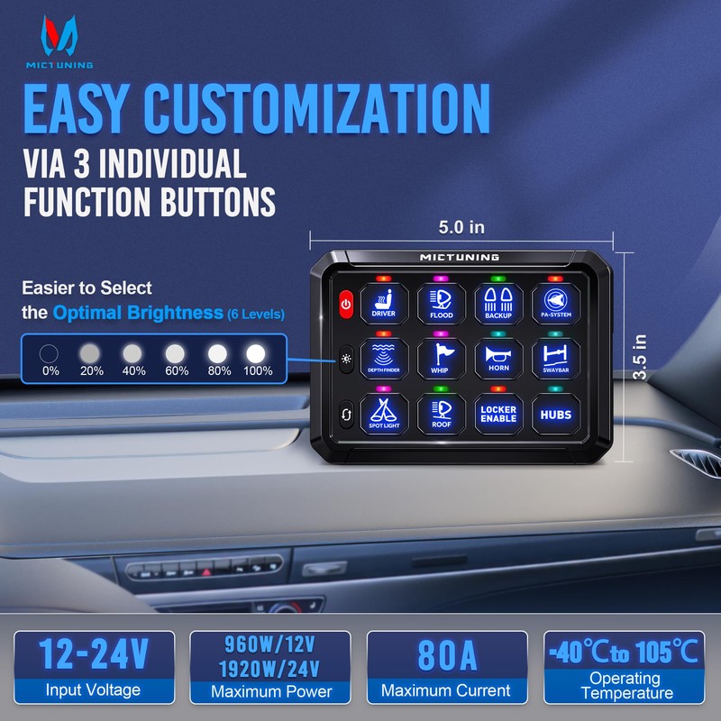 MICTUNING 12 Gang Switch Panel P1S-B12 Blue High Power 6