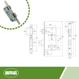 Amig - Einsteckschloss für Holztüren | Mit Riegelriegel | Abgerundetes Front- und Halterungsteil | 50 mm Entfernung | Wendbarer Falle | Stahl | Mattsilber | 230 mm