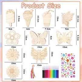 30 Pieces Craft Sets for Children, Craft Children Butterfly Flower Ice Cream Wooden Pendant for Painting, Children's Birthday Crafts Girls, DIY Creative Set with Watercolour Pencils, Gemstone Stickers