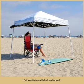 ARROWHEAD OUTDOOR 6'x6' Top / 8'x8' Base Backpack Pop-up Canopy with Sunwall, Sand Bags, Guide Ropes, Ground Stakes, UV-Resistant, Hands Free Carrying - White
