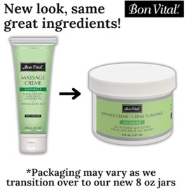 Bon Vital' Naturale Massage Creme, Professional Massage Therapy Cream with Natural Ingredients for an Earth-Friendly Massage, Full Body Daily Moisturizer for Smooth Skin, 8 Ounces (Packaging May Vary)