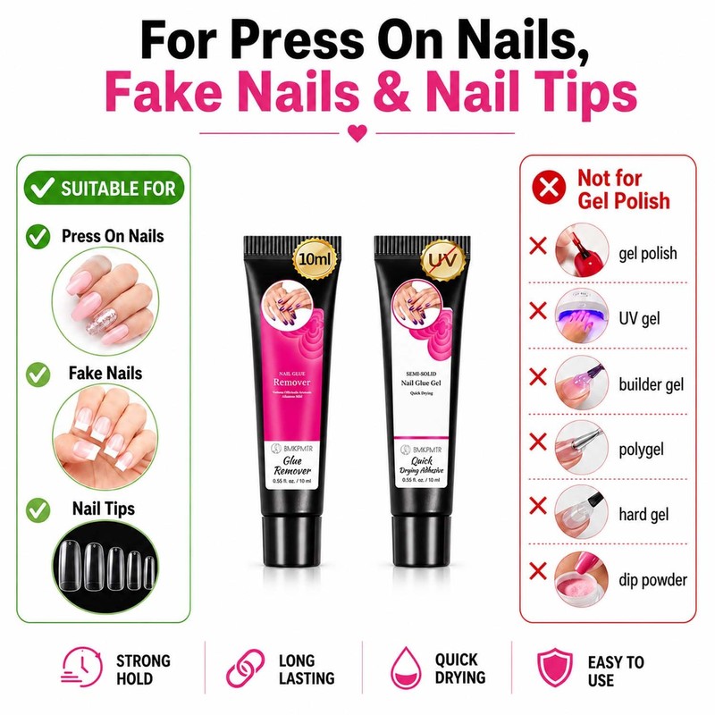 Nail Glue for Press Ons, Semi-Solid Air Dry Adhesive with