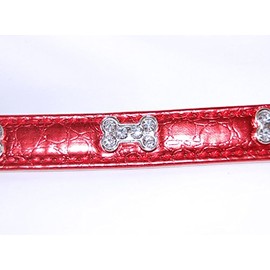 Pet Palace Luxury Leather MEDIUM Disco Doggy RED Dog Puppy Collar with Diamante Jewelled Dog Bone Motif PLUS FREE LED CHRISTMAS FLASHING COLLAR TAG!
