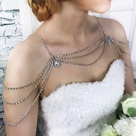Xerling Layered Rhinestones Tassel Shoulder Chains Bra Body Chain Arm Chain Shoulder Harness Body Jewelry for Women Wedding Summer Bikini (Silver)