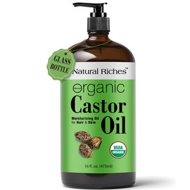 Natural Riches Organic Castor Oil Cold pressed Glass Bottle USDA certified for Dry Skin Hair Loss Dandruff Thicker Hair - Moisturizes heals Scalp Skin Thicker Eyelashes Eyebrows 16 fl oz
