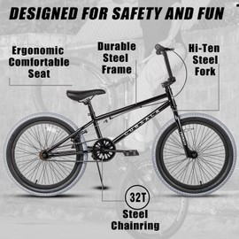 cubsala Freestyle BMX Bike, 20 Inch Kids Bicycle for 7-13 Years Old Kids and Beginner Level Rider, Black with Grey Tires