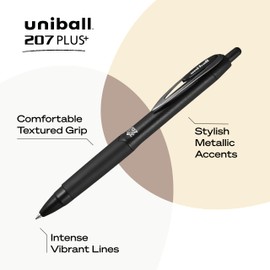Uni-Ball 207+ Black Retractable Gel Pens 4 Pack with Micro 0.5mm Points, Uni-Ball Click Pens are Fraud Proof and the Best Office, School, and Bible Pens