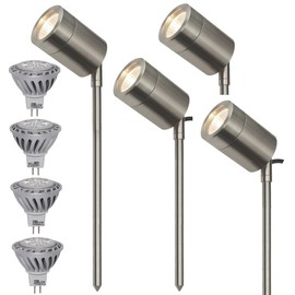 Long Life Lamp Company 12V LED Stainless Steel Garden Spike Light Adjustable 4 Pack Outdoor Low Voltage MR16 Ground Mount Low Voltage ZLC027