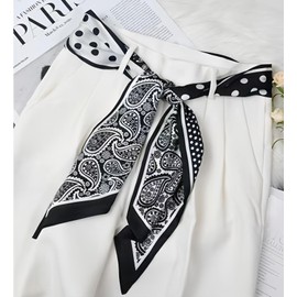 MINIDORA Satin Scarves for Women 59× 5.9 inches Elegant Silk Feeling Scarf for Bag Headwrap Lightweight Neck Tie A-016 Polka dot and Paisley Black and White