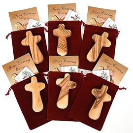 Certified Olive Wood Caring/Holding Cross with Bag and Card (6, Grade A, Grain on One Side)